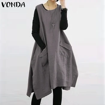 

VONDA Vintage Dress 2020 Women Sexy Sleeveless O Neck Split Irregular Hem Solid Dresses Casual Loose Vestido Plus Size 5XL