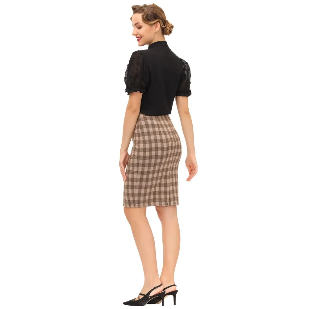 Belle Poque Summer Short Sleeve Blouse Office Lady Button Down Shirt Tops With Bow Tie 1950s Elegant Business Puffy Sleeve Shirt