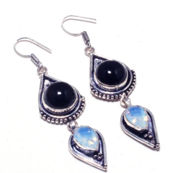 

Genuine Black Onyx + Oplite Silver Overlay on Copper Earrings , Hand made Women Jewelry Gift, E5445