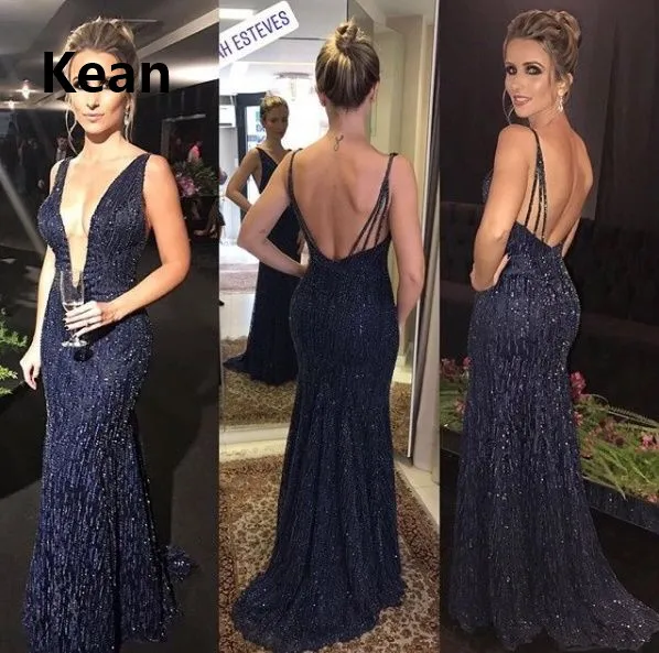 

New Arrival Navy Blue Prom Dresses Deep V-Neck Spaghetti Straps Cheap Party Dress Prom Gown Evening Dresses Robe De Soiree