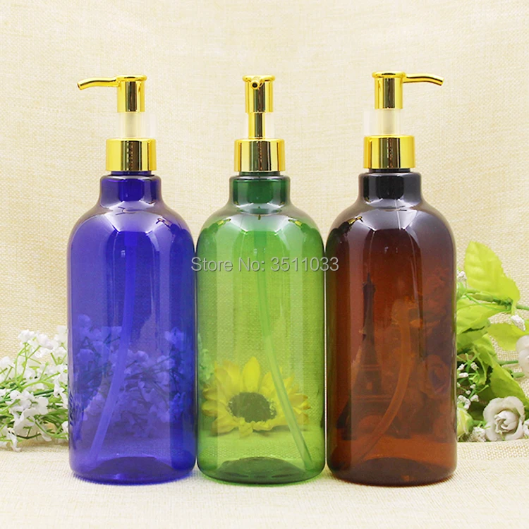 10pcs 500ml Large Empty Plastic Shampoo Body Cream Refillable Bottle Blue Amber Green Emulsion Lotion Gold Pump | Красота и здоровье