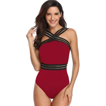 

High Neck Swimsuit Red One-Piece Swimwear Bandeau Vintage Bathing Suit for Women Patchwork Swim Suits Large Plus Size XXL