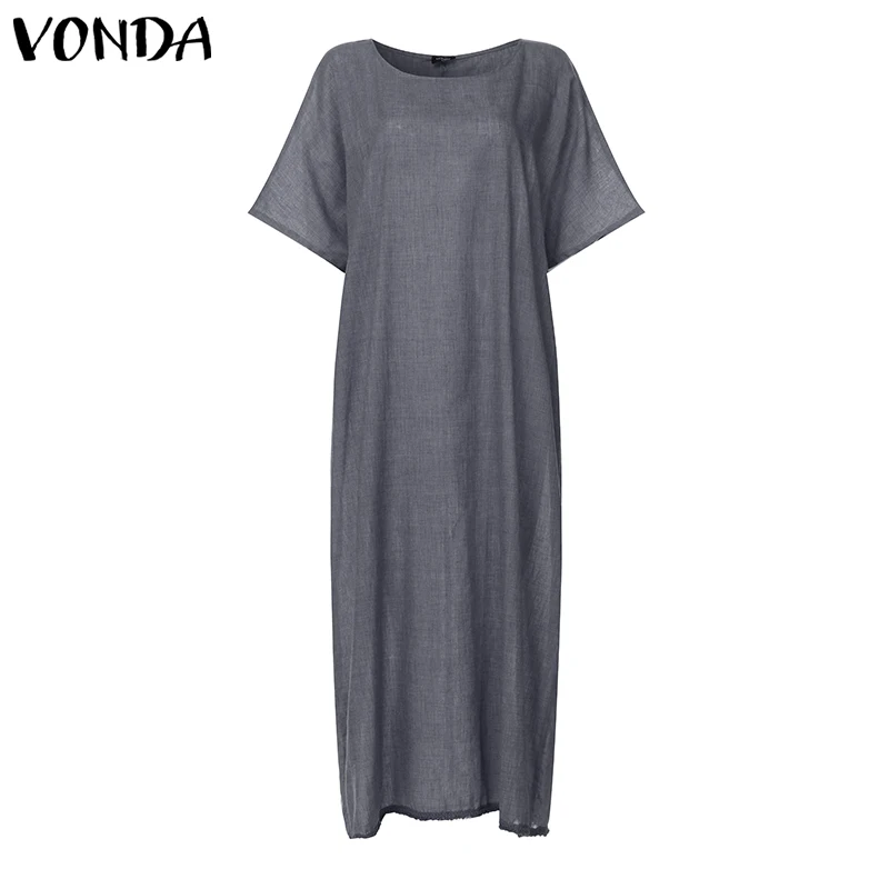 VONDA/летнее платье, сексуальное, с круглым вырезом, с коротким рукавом, в богемном стиле, однотонные платья, Пляжное длинное платье, женские вечерние платья, большие размеры - Цвет: Серый