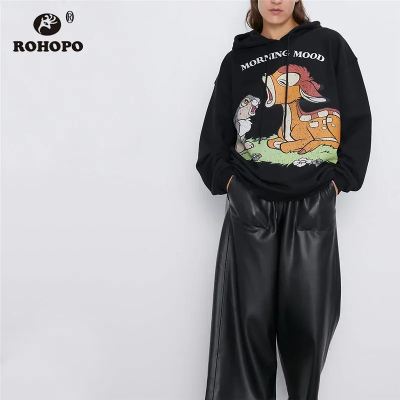 ROHOPO с капюшоном мультяшный кролик печатных черный свитер осень женский пуловер Джерси хлопок толстовки#2392