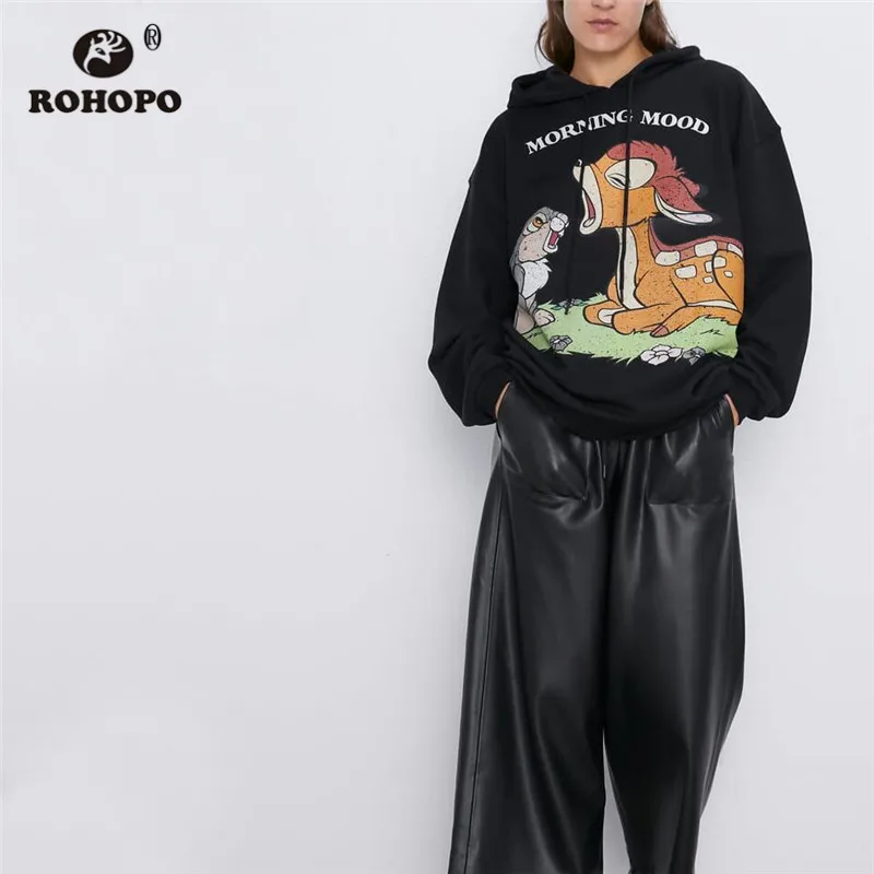ROHOPO с капюшоном мультяшный кролик печатных черный свитер осень женский пуловер