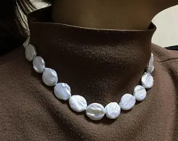 

>>Big 14mm white coin freshwater pearl necklace 17"