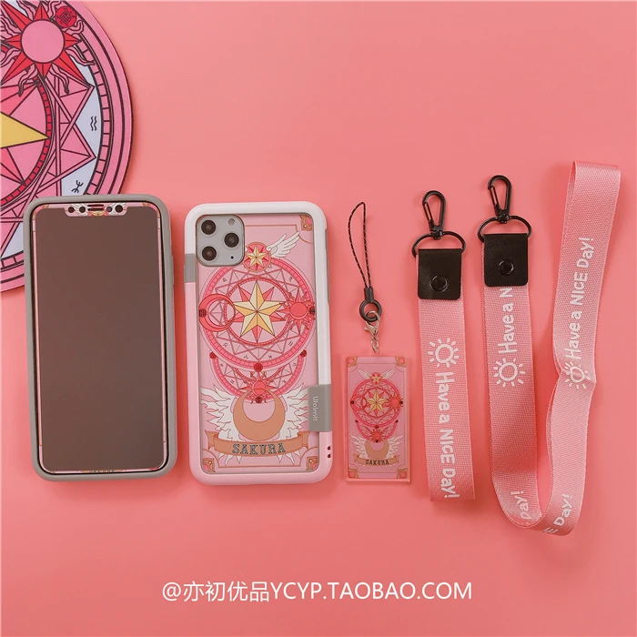 Для iphone 11 pro Max Cardcaptor Sakura закаленное стекло flim+ мягкий бампер для iphone XS Max XR 7 6S 8plus чехол с принтом "Сейлор Мун"+ 2 ремешка