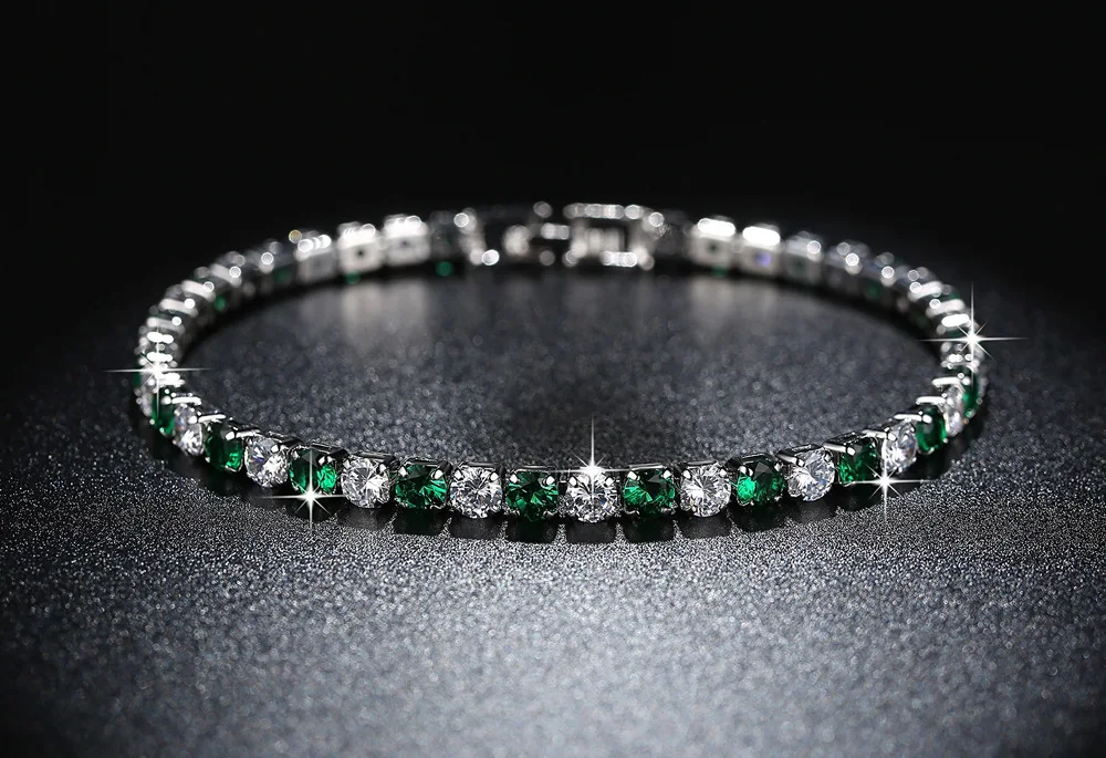 Изумрудно-зеленый кубический цирконий серебряные браслеты простой стиль 4 мм вечерние свадебные браслеты на цепочке для женщин Серебряный браслет ювелирные изделия