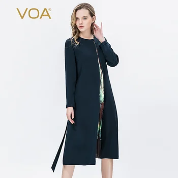 

VOA Navy 36 mm heavy weight silk round neck long sleeve print panel tie waist micro elastic thin dress a10260