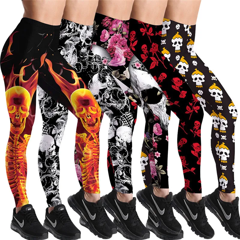

Ulfsaar Qickitout 13% Spandex Women Printed Legging Fashion Cartoon Black Skull High Waist Legging Women Stretch Exercise Pants