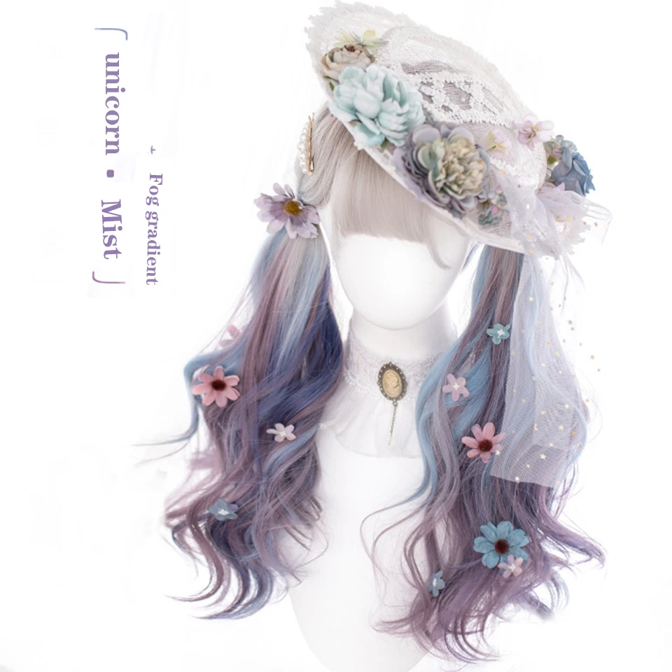 Resistente ao Calor Houyan Senhoras Cosplay Longo Encaracolado Ondulado Cabelo Festa Lolita Peruca Sintética Prata Azul Roxo Rosa 3 sintética prata azul roxo rosa peruca