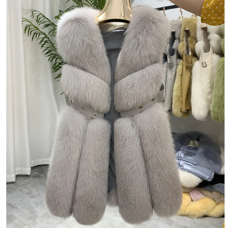 light grey Женская одежда, зимняя, настоящая, натуральная, новая, Лисий мех, кожа, Miss Ma Jiazheng, меховой жилет, куртка, длинный стиль 1013 - Цвет: light grey