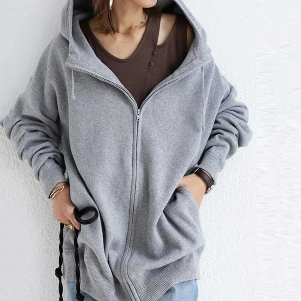 

Japan Korean Plain Hoodies Sweatshirts Women Long Sleeve Black Jacket Zipper Coat Autumn Winter Female Casual Hooded Tops