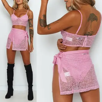 

Sexy Women Pink 2PCS Mesh Suit Summer Ladies Halter Top+Mini Skirts Outfits Sets Ladies Summer Party Club Wear
