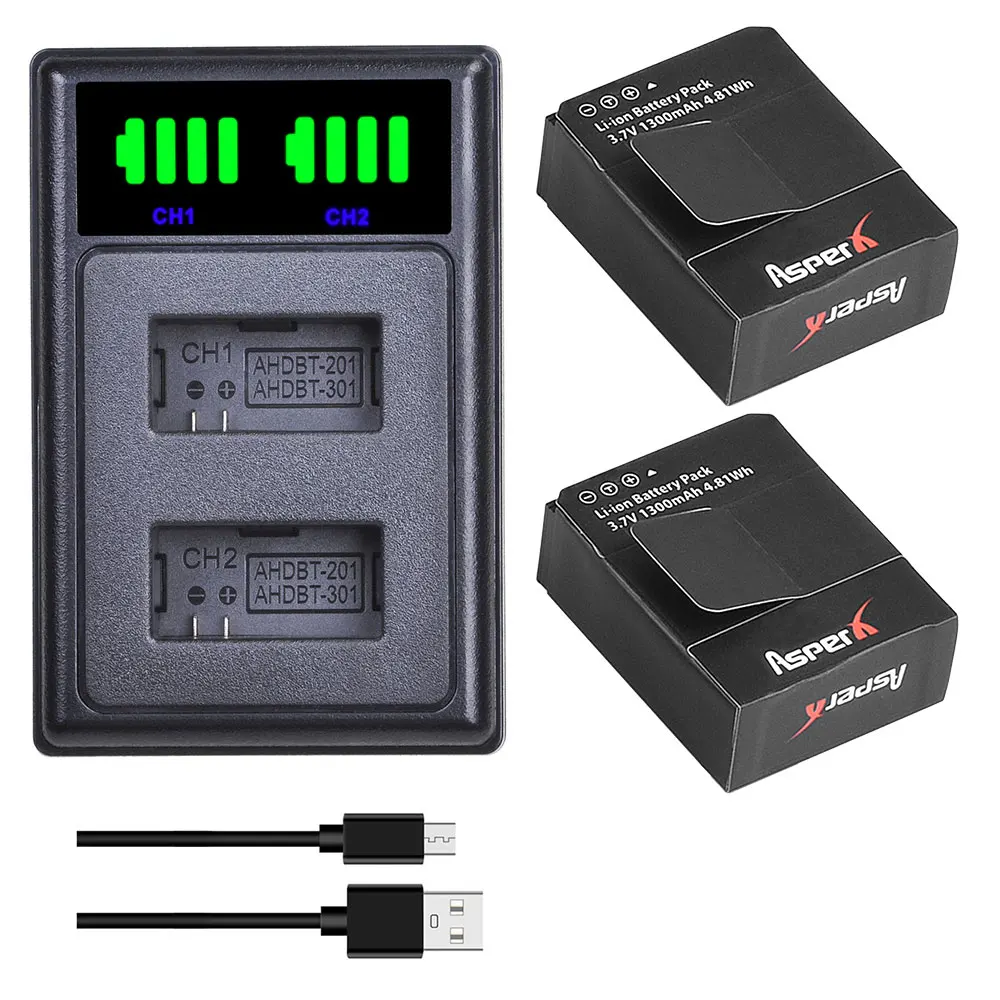 AsperX 2 шт. AHDBT-301 AHDBT-302 для Gopro батарея + LED двойной USB зарядное устройство Hero 3/3 Hero3