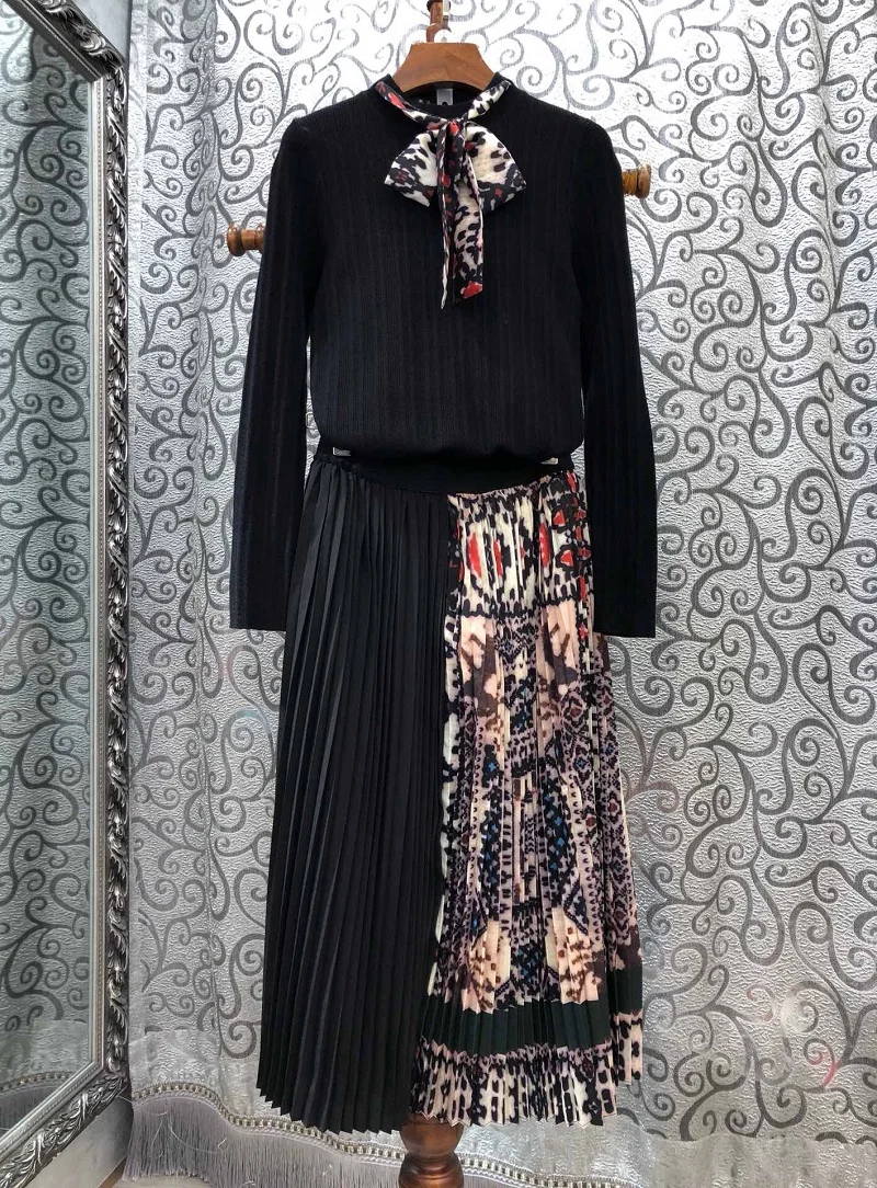 Высококачественные Дизайнерские комплекты одежды 2019 осенний свитер костюм женский с длинным рукавом черный пуловер + винтажный принт миди