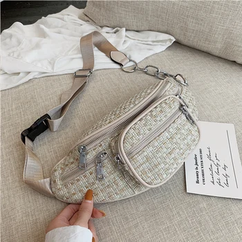 

Burminsa Woven Chest Bags For Women Multi-Pocket Design Female Waist Pack High Quality Woolen Girls Sling Bags Summer 2020