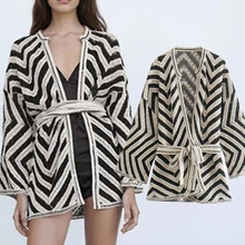 

Elmsk Jacket Women 2021England Style Fashion Loose Sashes Knitted Tops Indie Folk Vintage Crochet Hook Kimono Cardigans Women