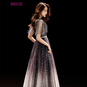 

Sparkly Black Gradient Evening Dresses ES3227 A-Line V Neck Glitter Tulle Elegant Formal Prom Gowns Abiye Gece Elbisesi