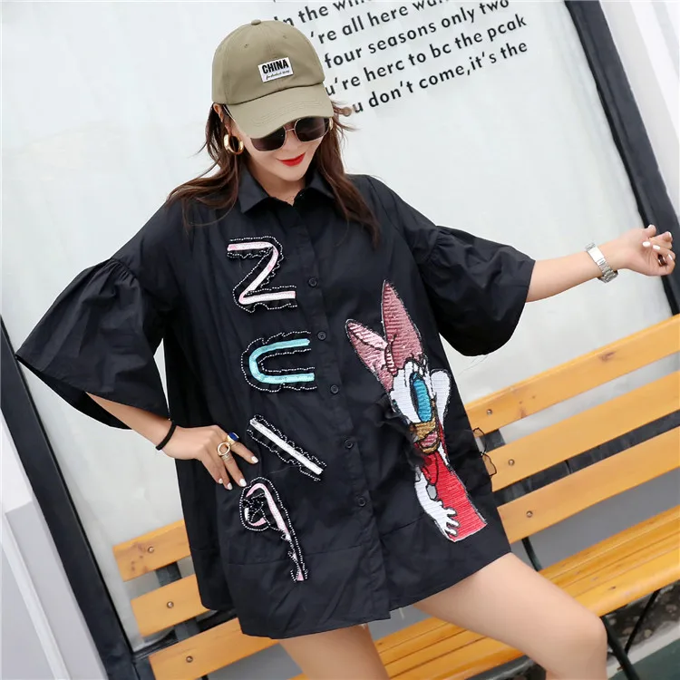 Marca nueva industria pesada lentejuelas donald duck mangas acampanadas camisa suelta camisa mujer verano