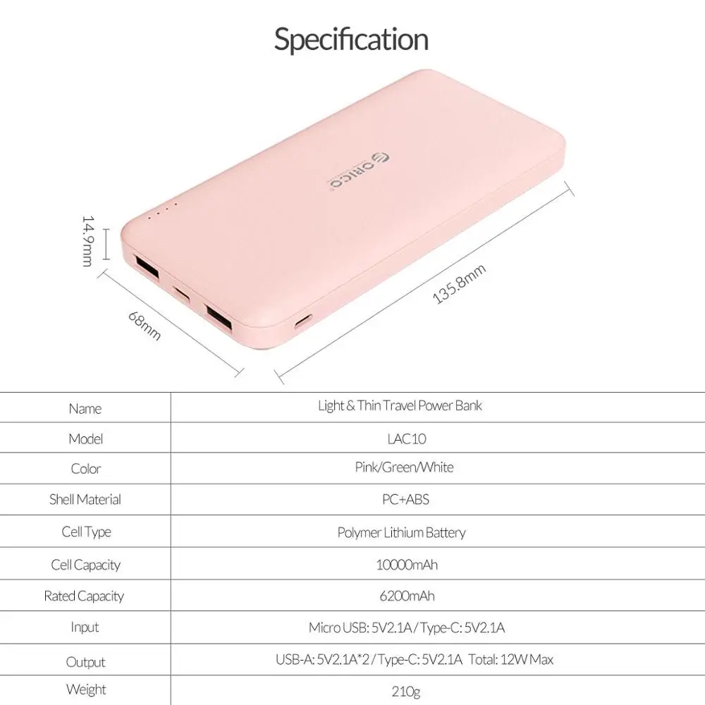 Тонкий внешний аккумулятор ORICO 10000 мАч для iphone Xiaomi Mini портативный USB Type C зарядка
