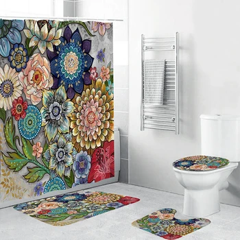 

Home Bohemia boho decor flower Digital printed Waterproof Shower Curtain set polyester fabric for bath bathroom hotel with Hooks