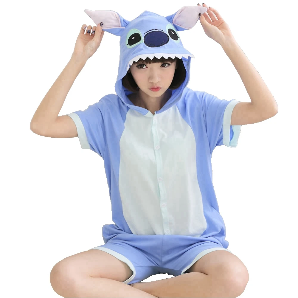 

Summer Stitch Pajama Animal Cartoon Sleepwear Onesie Hooded Kigurumi Women Men Unisex Adult Short Sleeve Cotton Homewear