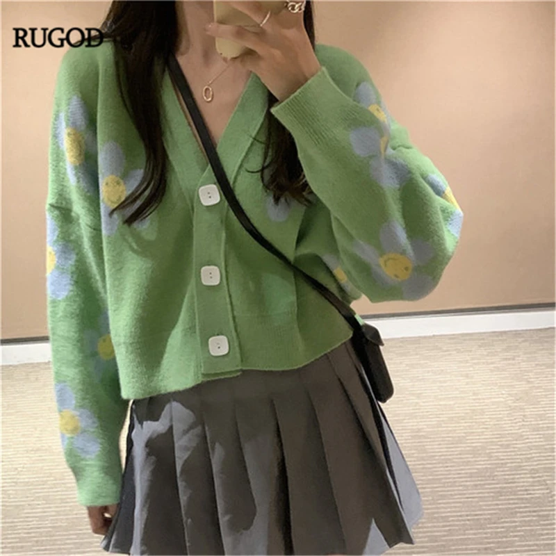 RUGOD 2019New женский свитер с цветочным узором с v-образным вырезом, однобортные пуговицы, Свободный вязаный кардиган, милое корейское стильное осеннее пальто для женщин