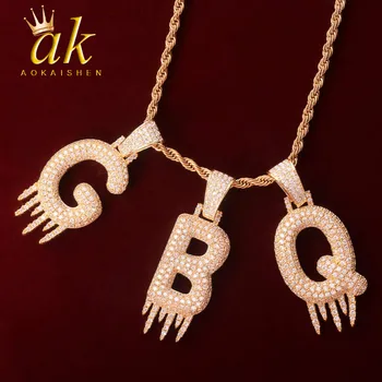 

Solid Back Initials Drip Bubble Letters Pendant Necklaces For Women Gold Color AAAA Cubic Zircon Hip Hop Jewelry