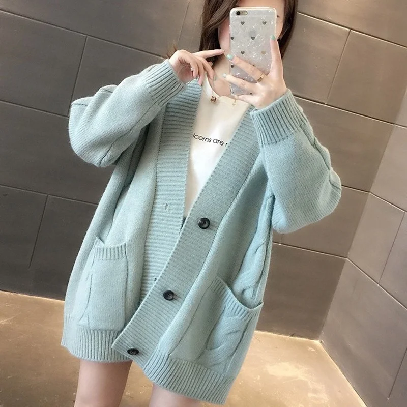 Women Cardigans Sweater V Neck Solid Loose Knitwear Single Breasted Casual Knit Cardigan Outwear Winter Jacket Coat AA5117 - Цвет: 4