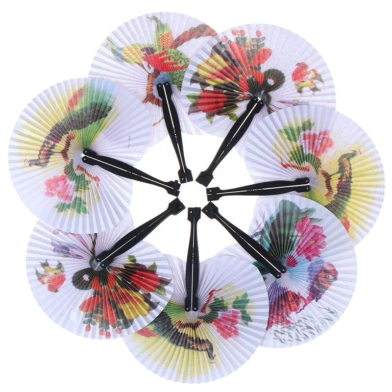

1PCS Chic Female Handheld Fan Chinese Pocket Folding Hand Fan Round Circle Printed Paper Decorative Fan Party Decor Gift Random