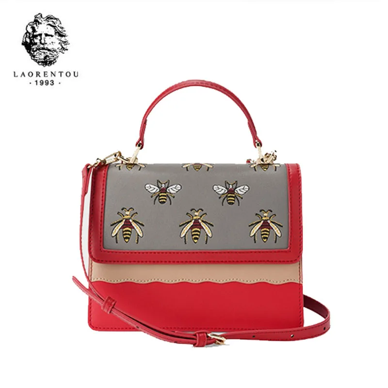 

LAORENTOU women leather bag 2019 new fashion one shoulder messenger bag Bee embroidery handbag Small square package