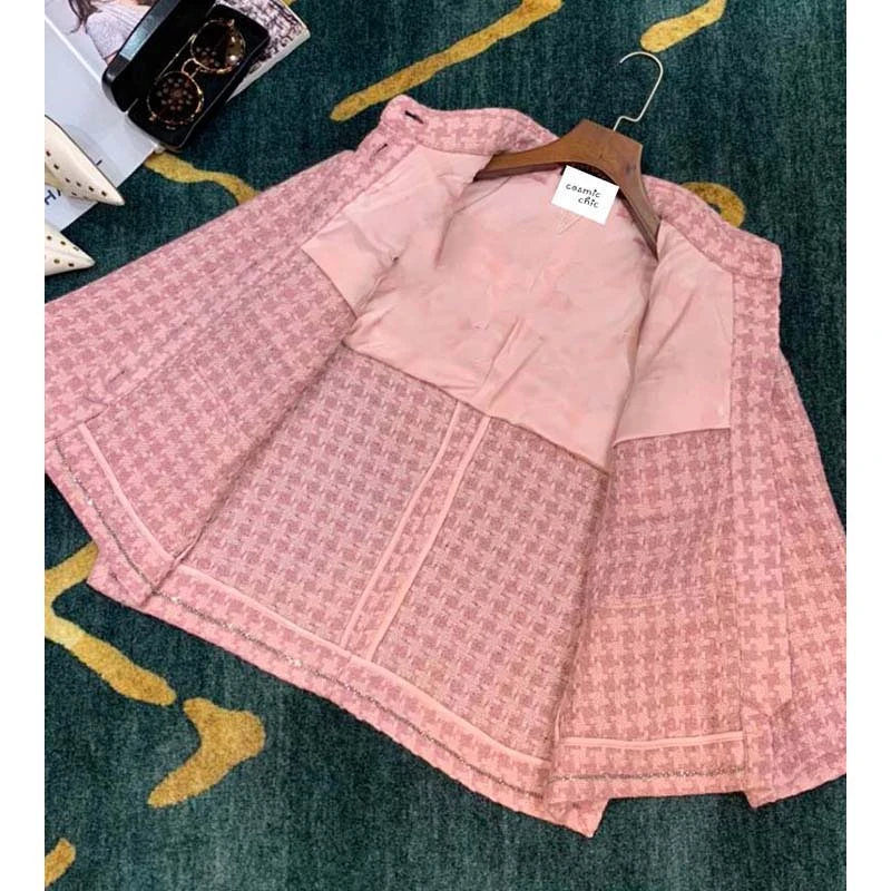Cosmicchic, подиумный женский твидовый пиджак, однобортный, розовый, в клетку, с карманами, короткое пальто, тканые куртки, элегантная офисная одежда