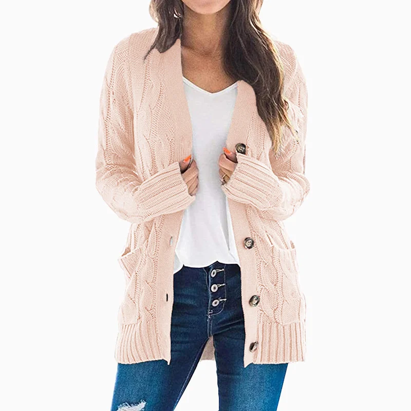 thumbnail image 4 of Cárdigan de moda Otoño Invierno 2021 para mujer, cuello en V, un solo pecho, suéter de punto sólido, abrigo de mujer, manga larga, prenda de punto informal, 4 of 5