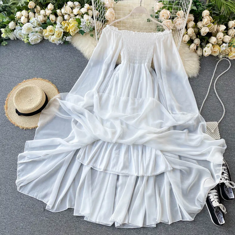 White Dress Elegant Fairy Chiffon Off Shoulder Dress Maxi Long Sleeve Sexy Beach Dresses Women Boho Autumn Clothes 2021 Vintage