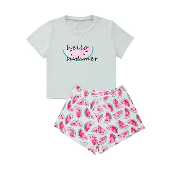 

Women Pajamas Watermelon Printed Pullovers and Shorts 2 Piece Set Short Sleeve Pajamas Sleepwear Home Clothes