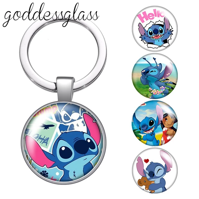 Cartoon Cute Stitch Round glass cabochon keychain Bag Car key chain Ring  Holder Charms keychains for