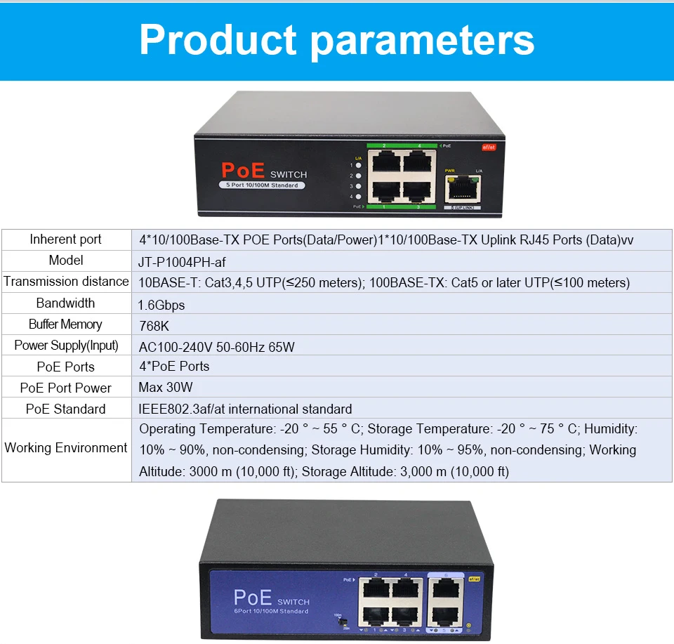 Сетевой коммутатор POE 48 В Ethernet с портами 10/100/1000 Мбит / с 5/6/8/10 IEEE 802.3af / at Подходит для IP-камер / беспроводных систем AP / камер видеонаблюдения с адаптером питания 100 Вт