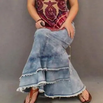 

Wholesale New Fashion Womens Blue Denim Multi layers Pleated Maxi Long Skirts Bodycon Fishtail Jean Skirts Woman