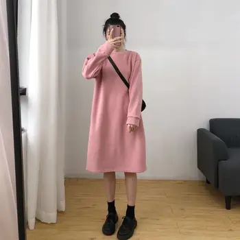 

O Neck Long Sweatshirt Women Thick Kawaii Winter Clothes Casual Wool Pullover Dress Long Sleeve Winter Warm Hoodies YT80230