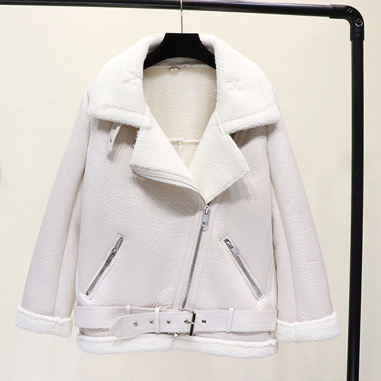 Jaqueta de Couro para Mulheres do Falso Cordeiros de lã Gola de Pele Varey Inverno Falso Cordeiro pu Moto Zíper Jaqueta Quente Grosso Outerwear ly Lin 8 Ly varey lin inverno falso cordeiro jaqueta