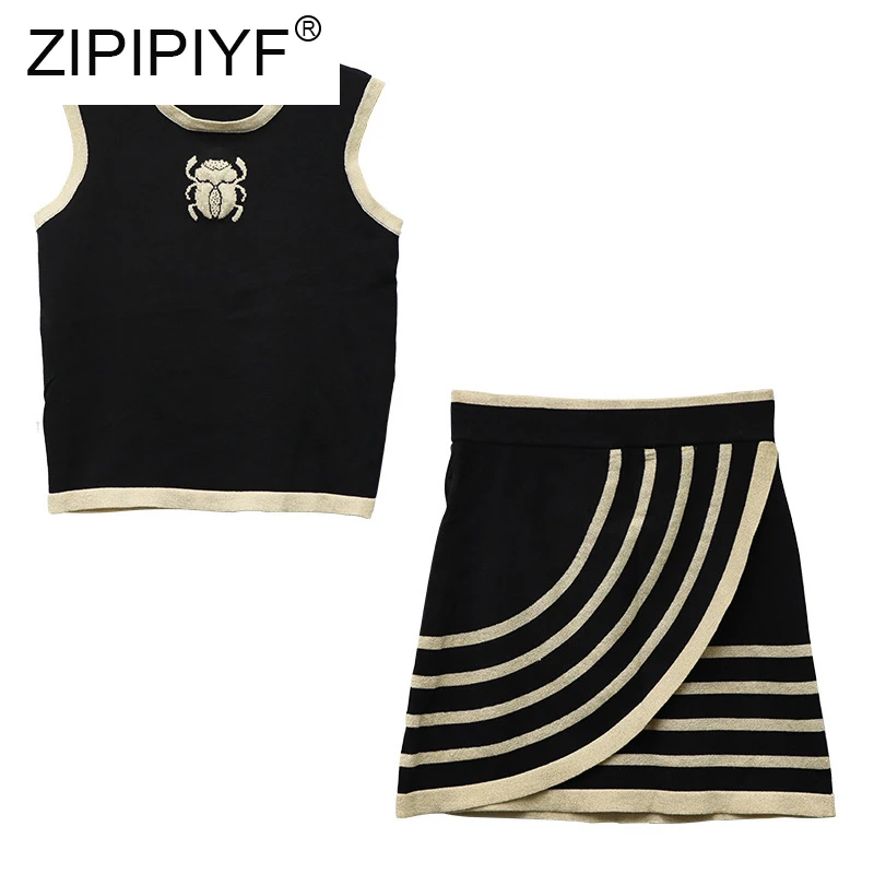 

Sleeveless Round Collar Quality Jacquard Gold Beetle Logo Vest Knitted Tops + Knitted Skirt Fashion Women Two-piece Sets C2059