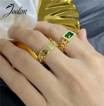 

Joolim High End Green Link Brass Glass Statement Finger Rings for Women