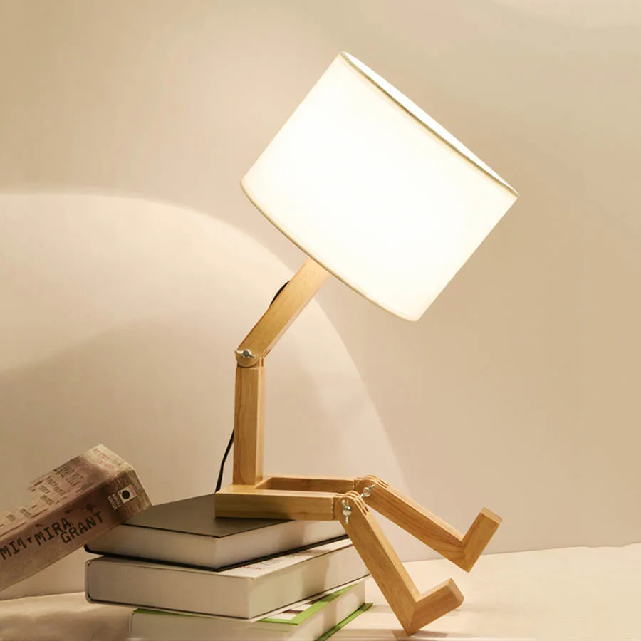 Candeeiro de Mesa com Pano Mesa de Madeira Thrisdar Nordic Deformável Robô Abajur Criativo Quarto Cabeceira Luz Leitura E27 8 Cheap Luzes noturnas