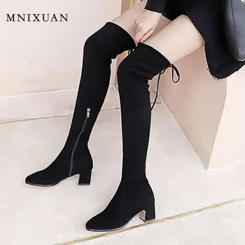 

MNIXUAN 2019 Women Shoes Over The Knee Thigh High Boots winter new Stretch suede Block high Heel side zipper Long Boots size 40