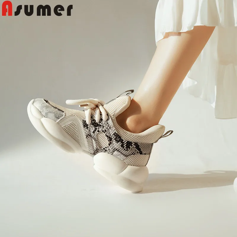 

ASUMER 2020 new sneakers shoes women round toe lace up flats shoes casual genuine leather flat platform shoes women flats