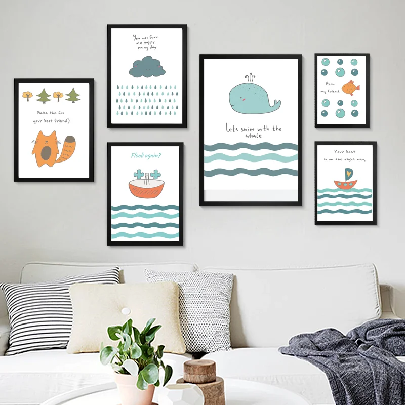 Мультяшное настенное искусство холст живопись рыбы животные скандинавский