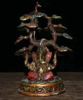 

wedding decoration 6"Old Tibet Bronze turquoise Ganapati Ganesh Lord Ganesha Elephant Buddha Statue