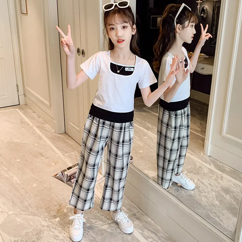 

Girls Summer Outfits Patchwork Short Sleeve Top And Plaid Pants Loose Casual Style Teenager Two Pieces Clothing Sets 8 10 12 14Y