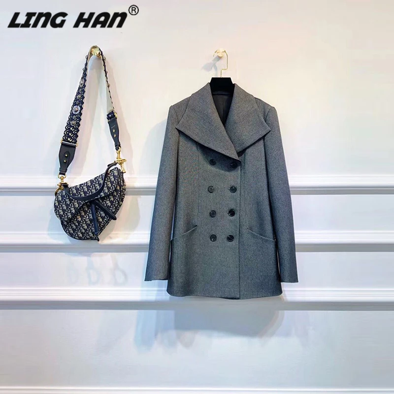

LINGHAN Elegant Solid jacket women's Turn-down Collar Double Breasted temperament Slim coat Designer Autumn New
